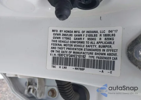 2017 Honda Civic Ex-T из США, поврежденный, VIN 19XFC1F34HE210192